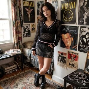 Y2K Wet Seal Womens Mesh Fishnet Sweater Top M Black Grunge Goth Alt Long Sleeve